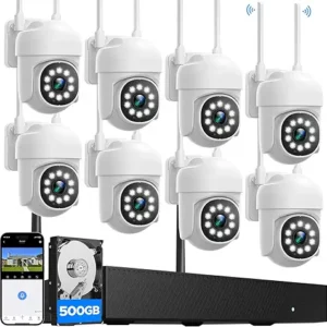 CAMCAMP Wireless CCTV Camera Systems w/ 16CH NVR 8 Security Cameras Outdoor PTZ Auto Tacking AI Human Detected, 2MP Color Night Vision 500GB No Monthly Fee 24/7 Recording for house Surveillance System