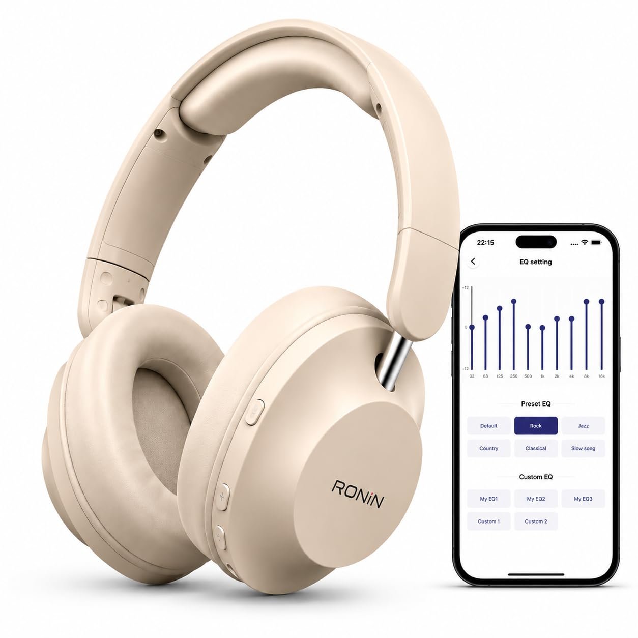 RONiN Magnitude R-1505 Wireless Headphones, Software-Based Headphone,90H, Bluetooth 5.4 Over-Ear Headphones with 40mm Drivers, Foldable Lightweight Headset with Deep Bass, AUX, Type-C Charging (Beige)