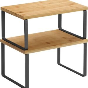 SONGMICS Spice Rack, Set of 2 Cupboard Shelf Organiser, Expandable Kitchen Shelf Organiser, Stackable Spice Holder, Metal and Engineered Wood, Black and Natural KCS02NB