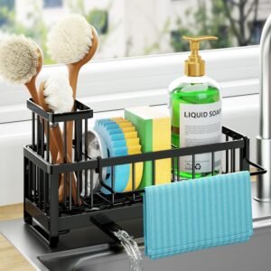 HapiRm Kitchen Sink Caddy Black- Self-draining Sponge Holder with Brush Holder and Dishcloth Holder, Stainless Steel Sink Tidy Organiser for Countertop Kitchen Storage & Organisation